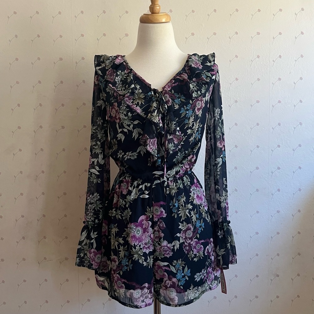 NWT 2010s navy blue /purple flowy floral long sleeve romper